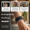 Image of a person wearing the Band 2.0 fitness tracker on their wrist, with three customer testimonial photos and quotes from Elizabeth W., William B., and John T. praising the device. Below, media logos for The New York Times, The Verge, and Men's Health are displayed, along with a note that the product is HSA/FSA eligible for qualified customers.