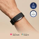 Image showing a person wearing a Band 2.0 fitness tracker on their wrist, with badges highlighting '#1 Longevity Wearable 2026' and 'HSA/FSA Eligible.' Below, icons indicate compatibility with Apple Health and Google Fit.